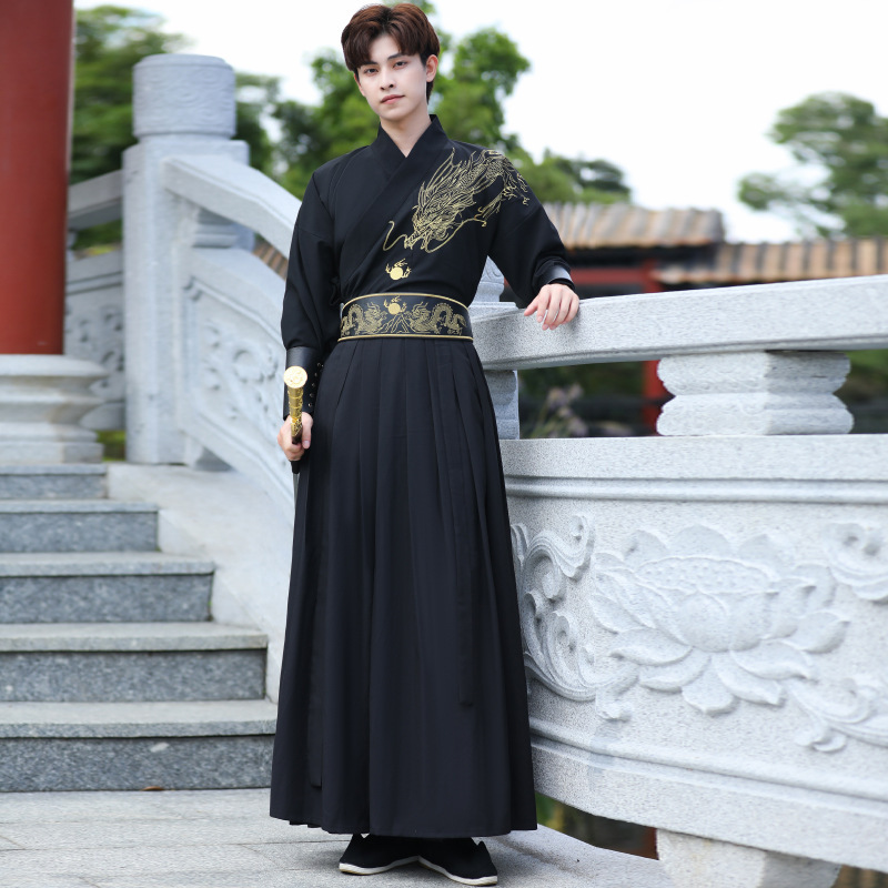 Black Aggressive Hanfu Men's Wear Dragon Pattern Chinese Style Handsome Chivalrous Scholar Swordsman Han Element Daily Class Wear suit