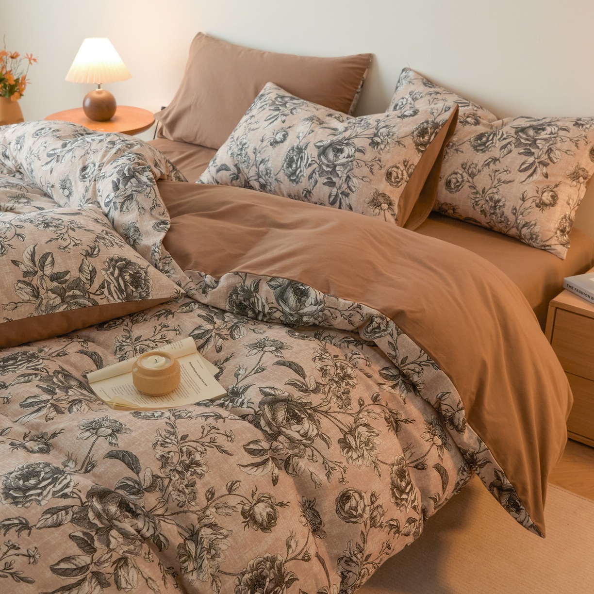 Conjunto de cama nórdico francês vintage boho classe A, 100% algodão escovado europeu, quatro peças, com lençol de baixo, lençol de algodão puro de alta qualidade em estilo retrô._voghion.com