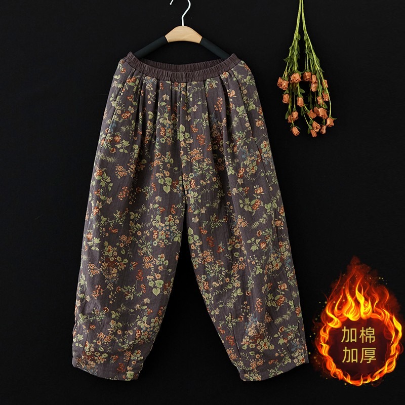 品牌专柜撤柜尾货复古碎花夹棉哈伦裤女宽松外穿加厚保暖棉裤