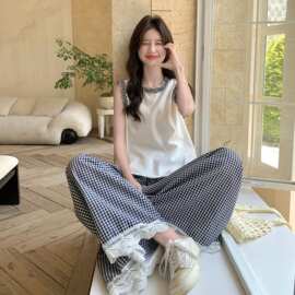 新款格子阔腿裤背心套装两件套女