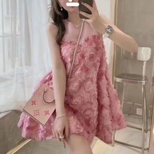 2022夏超仙粉色立體玫瑰花朵網紗連衣裙法式小個子寬松蓬蓬娃娃裙
