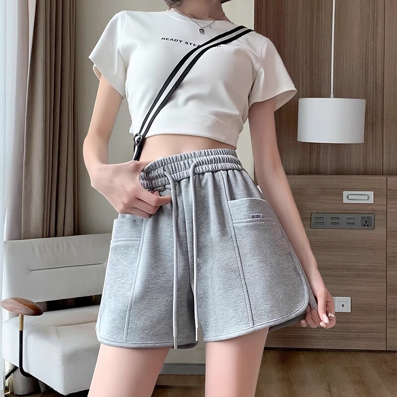 Grey Sports Shorts Women's Summer Thin High Waist Slimming Wide Leg Loose Straight Outer Wear Casual Three-point Pants for Running