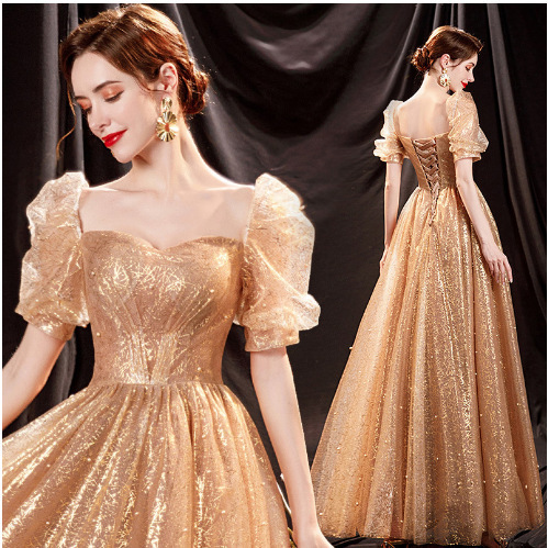 Banquet Evening Dress Golden New Bride Photo Tutu Skirt Long Choir Performance Puff Sleeve Dress Banquet Evening Dress Golden New Bride Photo Tutu Skirt Long Choir Performance Puff Sleeve Dress