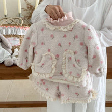 女童套装25冬新款儿童韩版碎花毛毛衣加绒卫衣女宝加厚冬装两件套