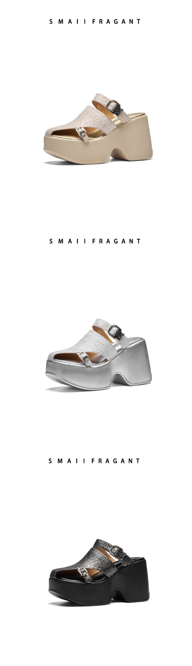 Sandal cao gót nữ đế xuồng platform 10 cm, mũi kín, quai ngang, dáng điệu nhẹ nhàng — màu đen, Vàng nhạt, bạc chi tiết 10