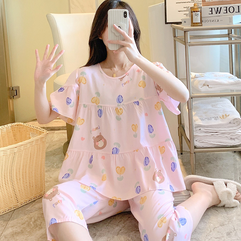 Pijamas de seda de algodón de manga corta de verano Estilo occidental de las mujeres aire acondicionado Delgado desgaste del hogar Chica japonesa dulce estudiante de algodón traje de seda