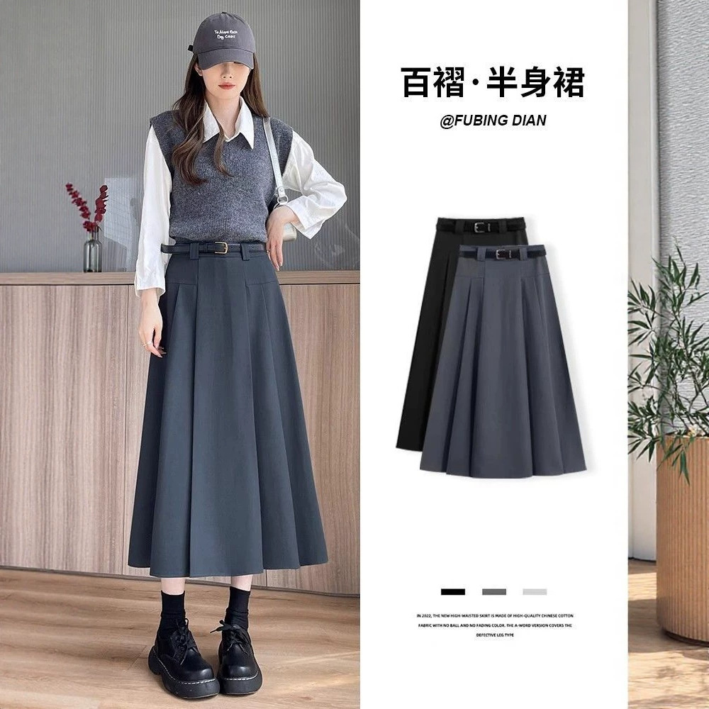 New autumn/winter style pleated midi skirt with a full skirt, high waist, slimming design, elegant and sophisticated.