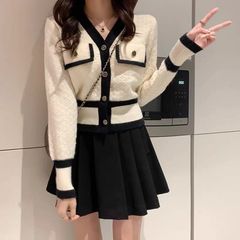 秋冬季新款套装女小香风领短款开衫针织毛衣+黑色百褶短裙两件套