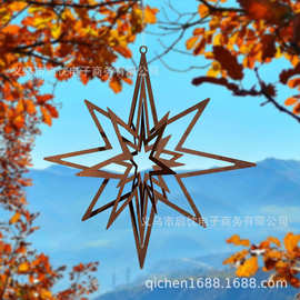 跨境temu爆款铁艺锈色风转3D旋转圆形镂空风向标风铃悬挂挂饰装饰