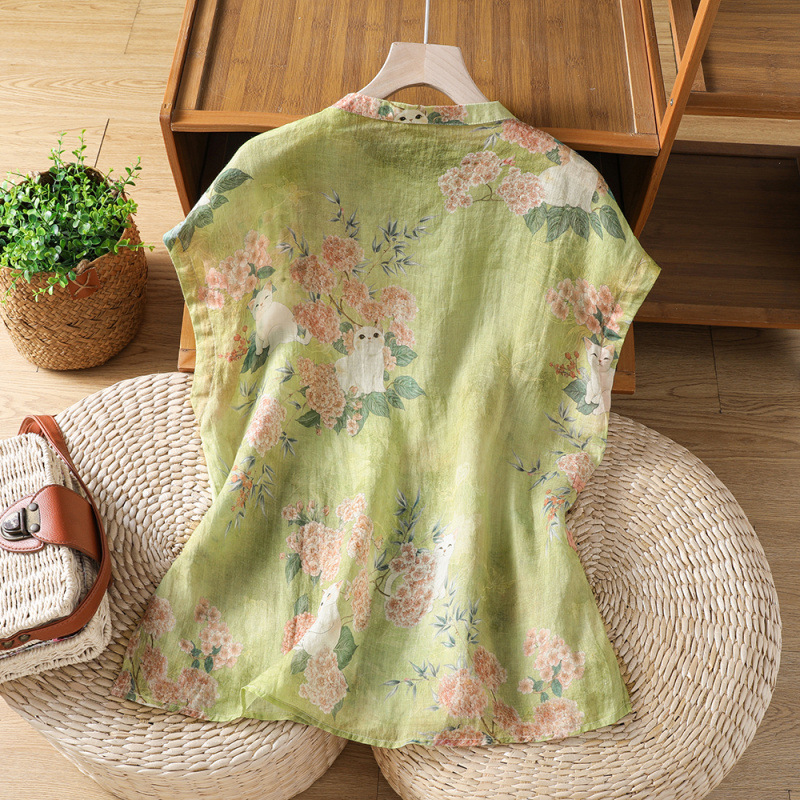 New Chinese-Style Diagonal-Collar Cotton and Linen Shirt for Women, Summer Thin Loose-Fitting Top, National Style Outfit, Printed Zen-Inspired Tea Wear for Women New Chinese-Style Diagonal-Collar Cotton and Linen Shirt for Women, Summer Thin Loose-Fitting Top, National Style Outfit, Printed Zen-Inspired Tea Wear for Women