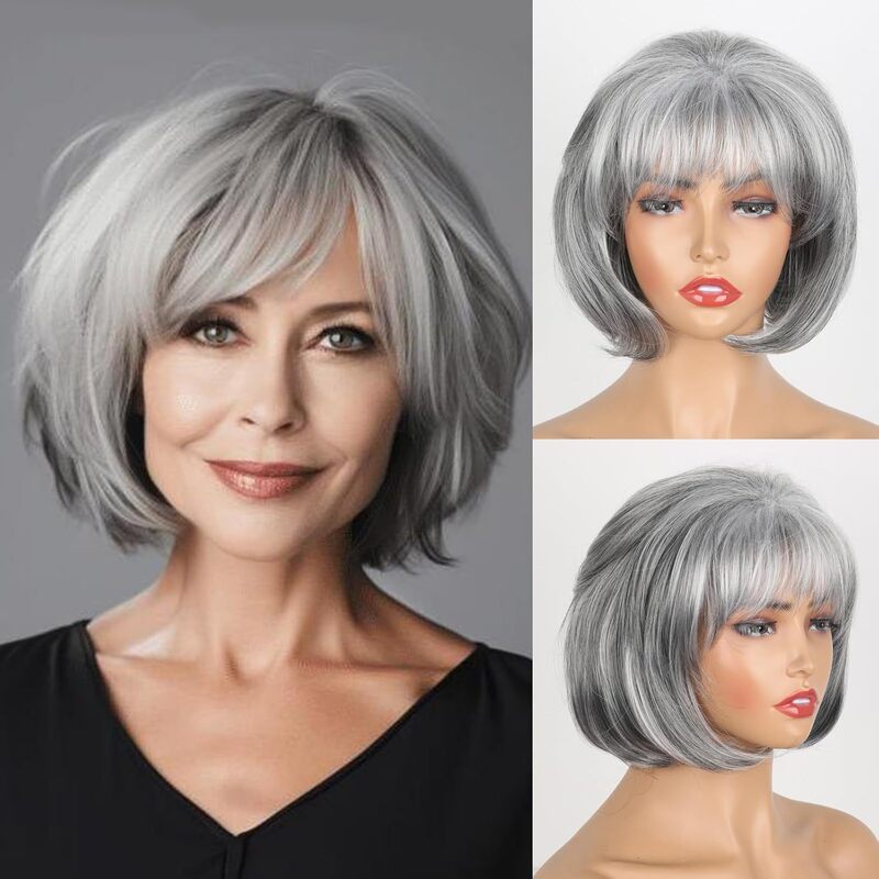 Cross-border supply wig European and American women's gray short curly hair fashion chemical fiber headgear bob buckle natural wig