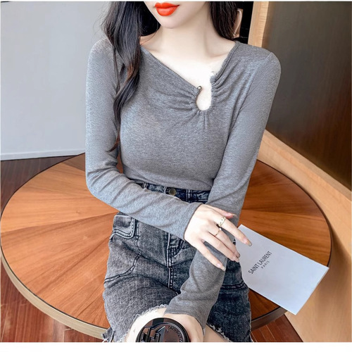 Core yarn spring summer autumn winter new slimming base shirt design sense long sleeve knitted sweater women's bare collar top