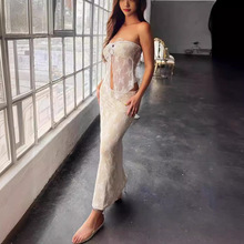 欧美女装新款热销性感蕾丝拼接裹胸修身包臀中款长裙套装