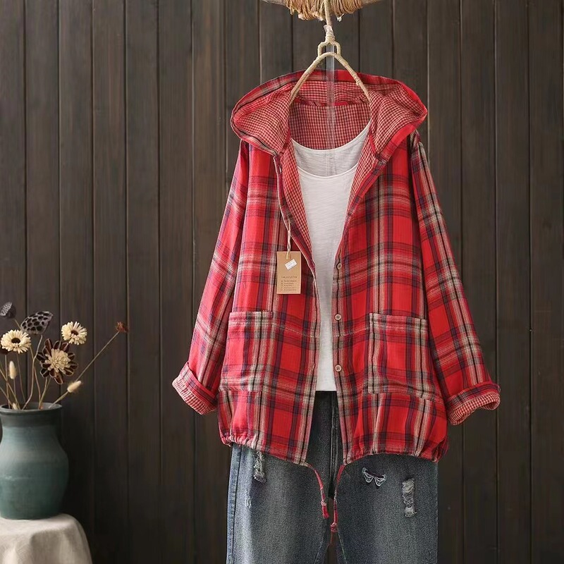 2025 spring casual plaid jacket stitching pocket hooded loose cardigan women's shirt wholesale