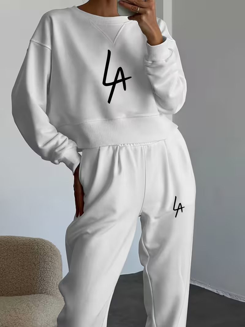 Women's Fleece Lined Two Piece Set Autumn Winter Casual Round Neck Trendy Print European American Style_voghion.com
