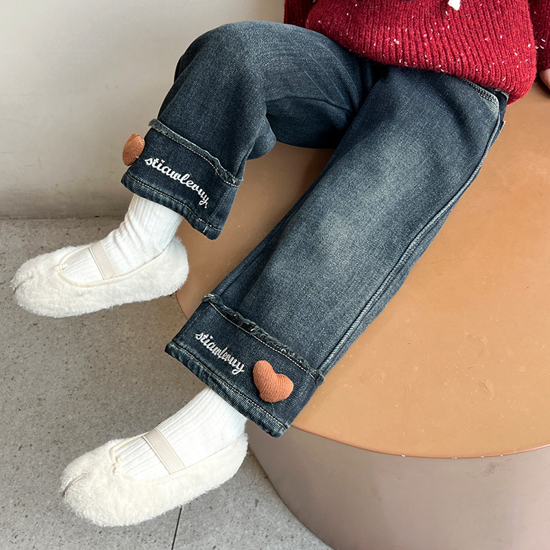 Niñas con jeans de peluche otoño y invierno nuevos pantalones de piernas anchas de estilo extranjero para niños con pantalones casuales rectos