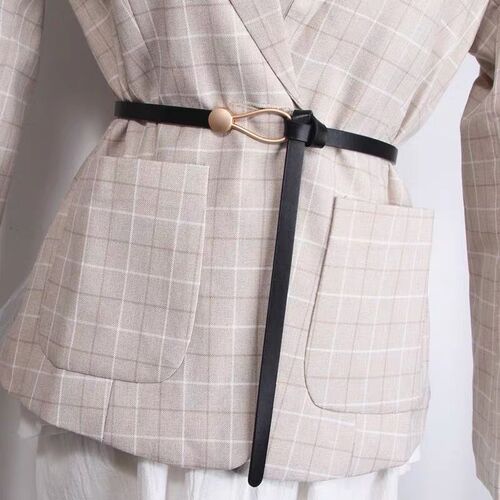 Thin suit belt for women, versatile knotted decorative belt, fashionable black with dress, sweater, waist belt