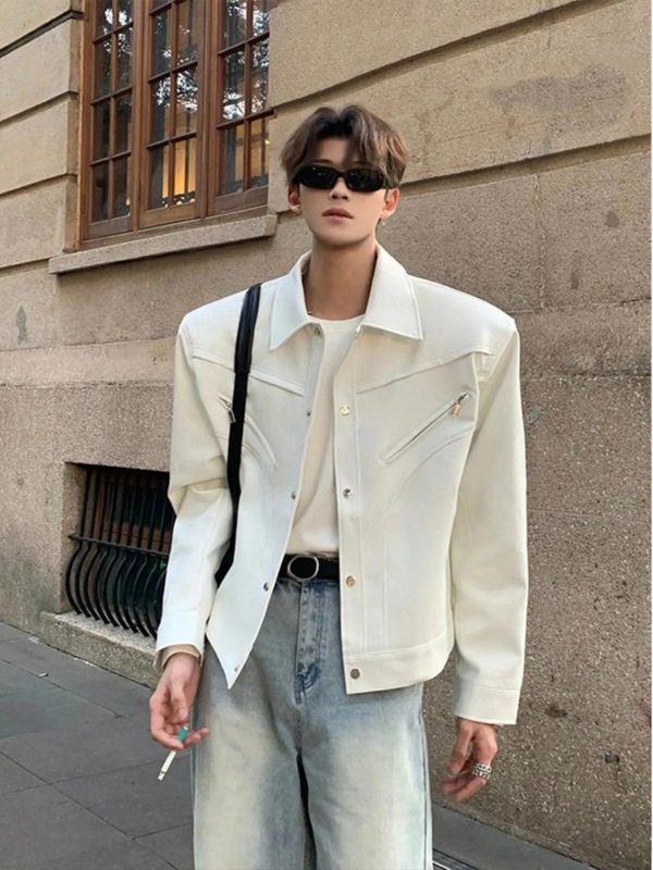 cleanfit白色短款皮衣外套男潮高级感痞帅飞行员皮夹克垫肩机车服|undefined