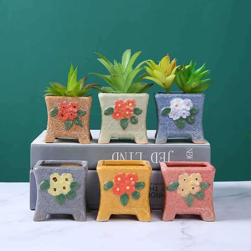 Cross-border fleshy flowerpot Korean-style hand-painted embossed stoneware breathable square ceramic fleshy plant thumb mini potted plant
