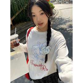 韩系女微透宽松上衣印花t恤长袖防晒罩衫白色慵懒风薄纱薄款早秋
