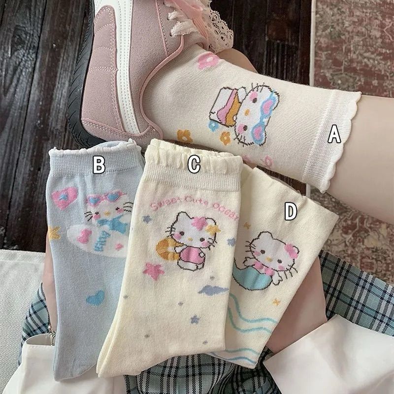 夏季潮百搭日系袜子女泳装可爱猫咪卡通堆堆袜透气花边四季中筒袜|undefined