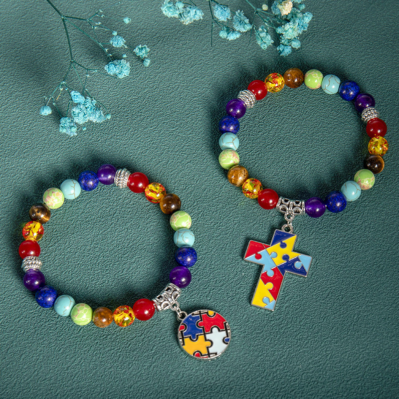 Cross-border Hot Natural Stone Colorful Yoga Bracelet Caring Children Love Ribbon Pendant Bracelet