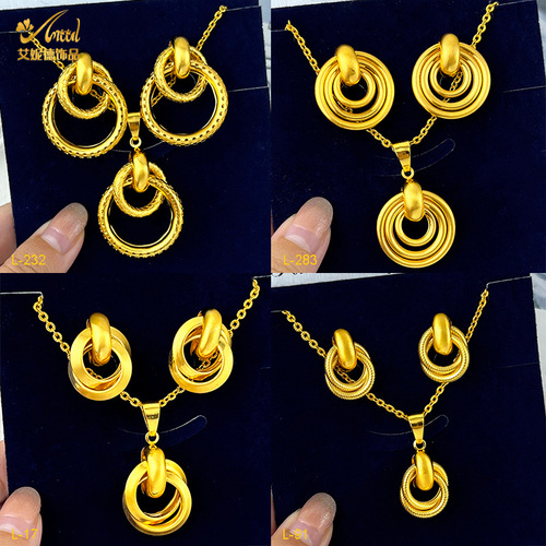 Dubai 24K Gold Pendant Necklace and Earring Three-Piece Set—Cross-Border Nigerian Bridal Fashion Jewelry Wholesale