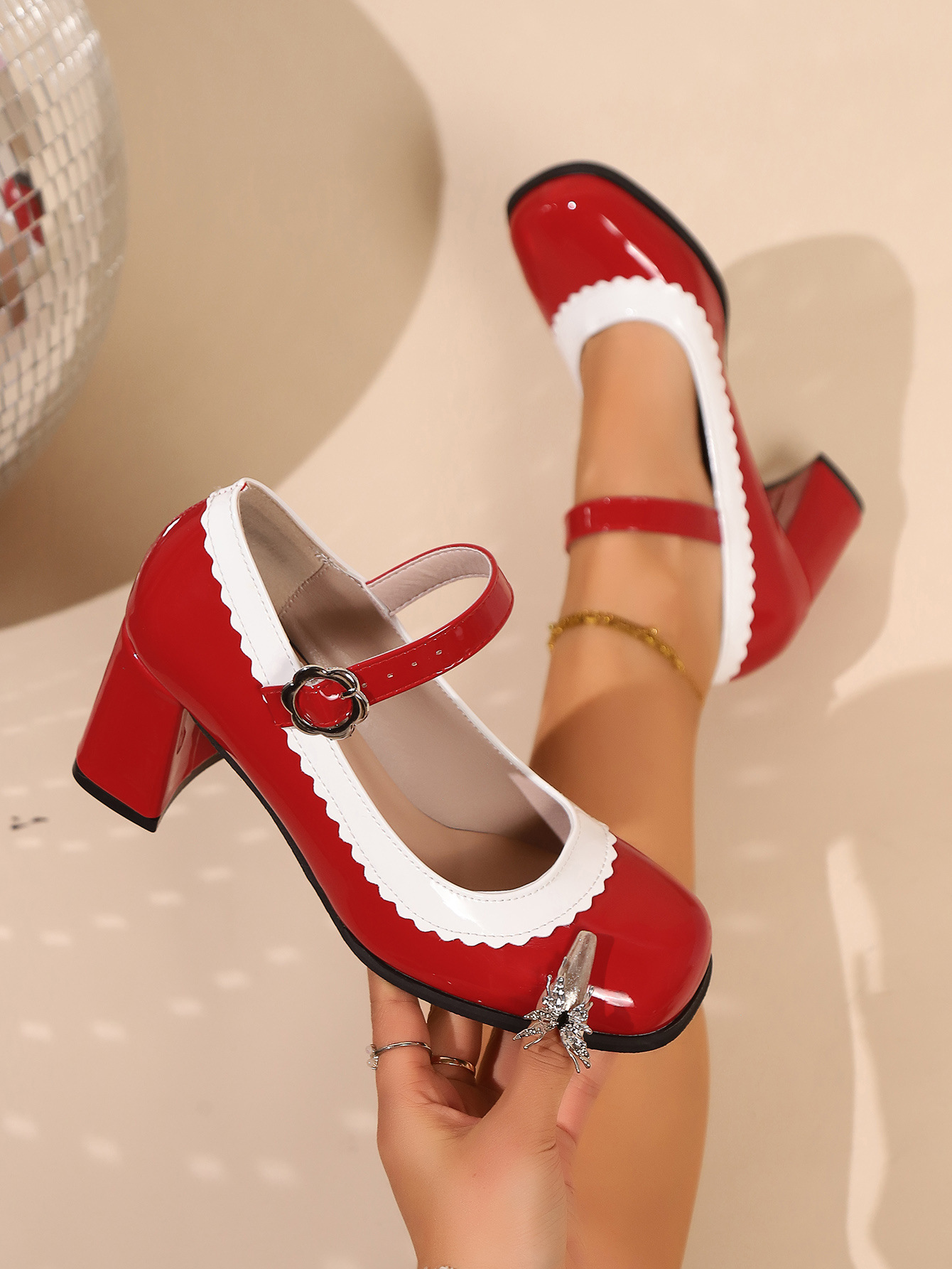 Spring Color Block Mary Jane Shoes Slip-On High Heels Lace Trim European American Style For Petite Plus Size Women Size 4-3_vogvips.com