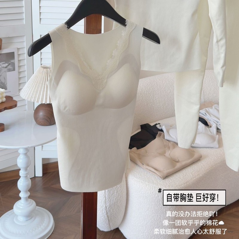 V领蕾丝羊毛双面磨毛无痕保暖背心女加绒加厚打底内搭带胸垫文胸9|undefined