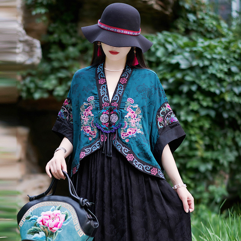 Ethnic Style Women's Loose Bat Sleeve Embroidered Shawl Small Top Chinese Hanfu Short Summer New