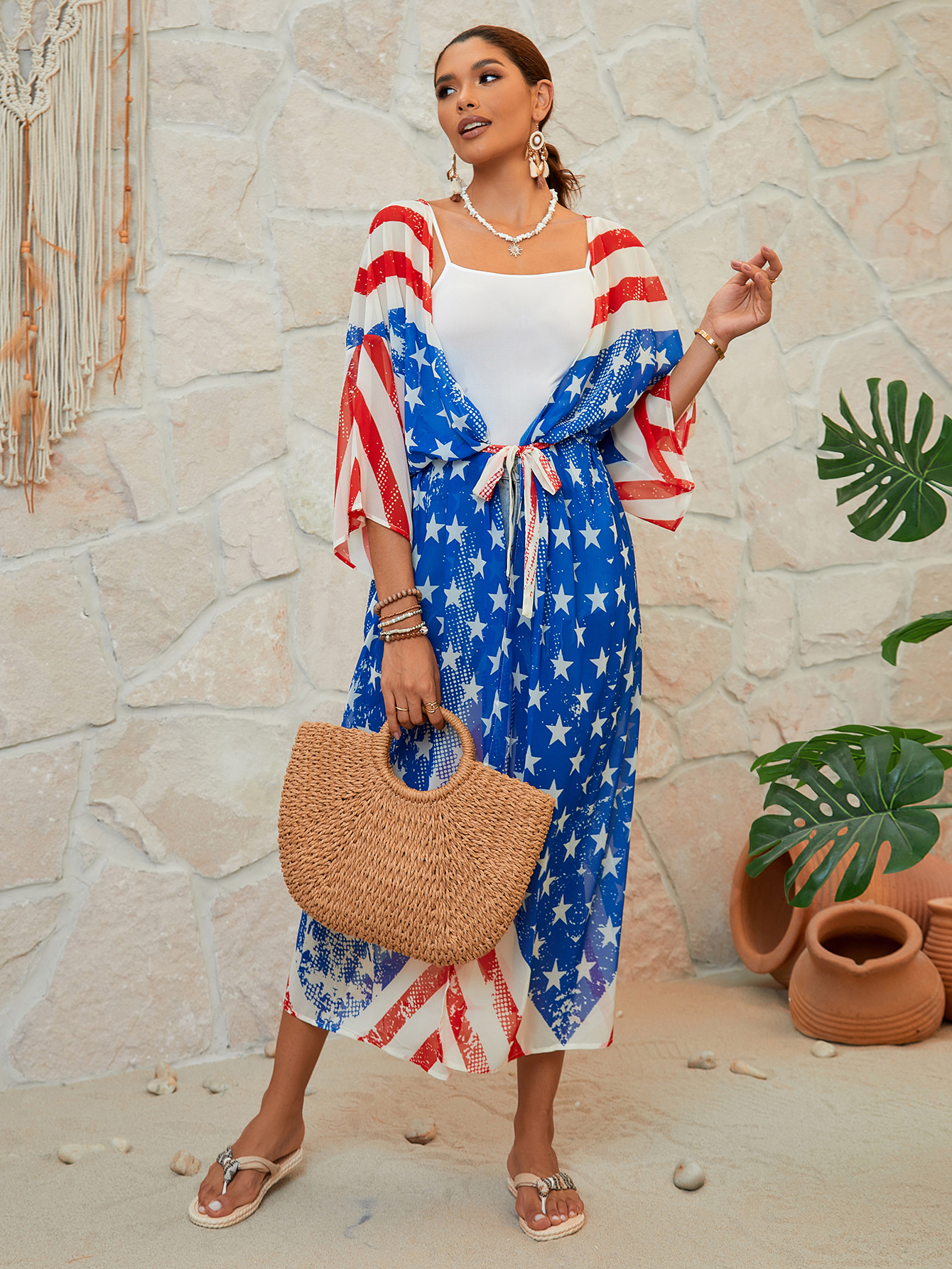 Bandera europea y americana impresa vacaciones cardigan playa trajes de baño con bikini camisa XF296