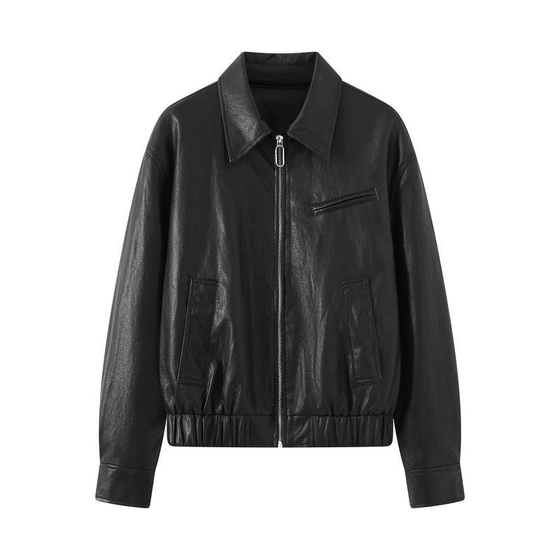 Slim-fit, short, loose-fitting jacket with a stand-up collar, featuring a glossy leather texture, a short outerwear piece, and a new autumn 2026 design