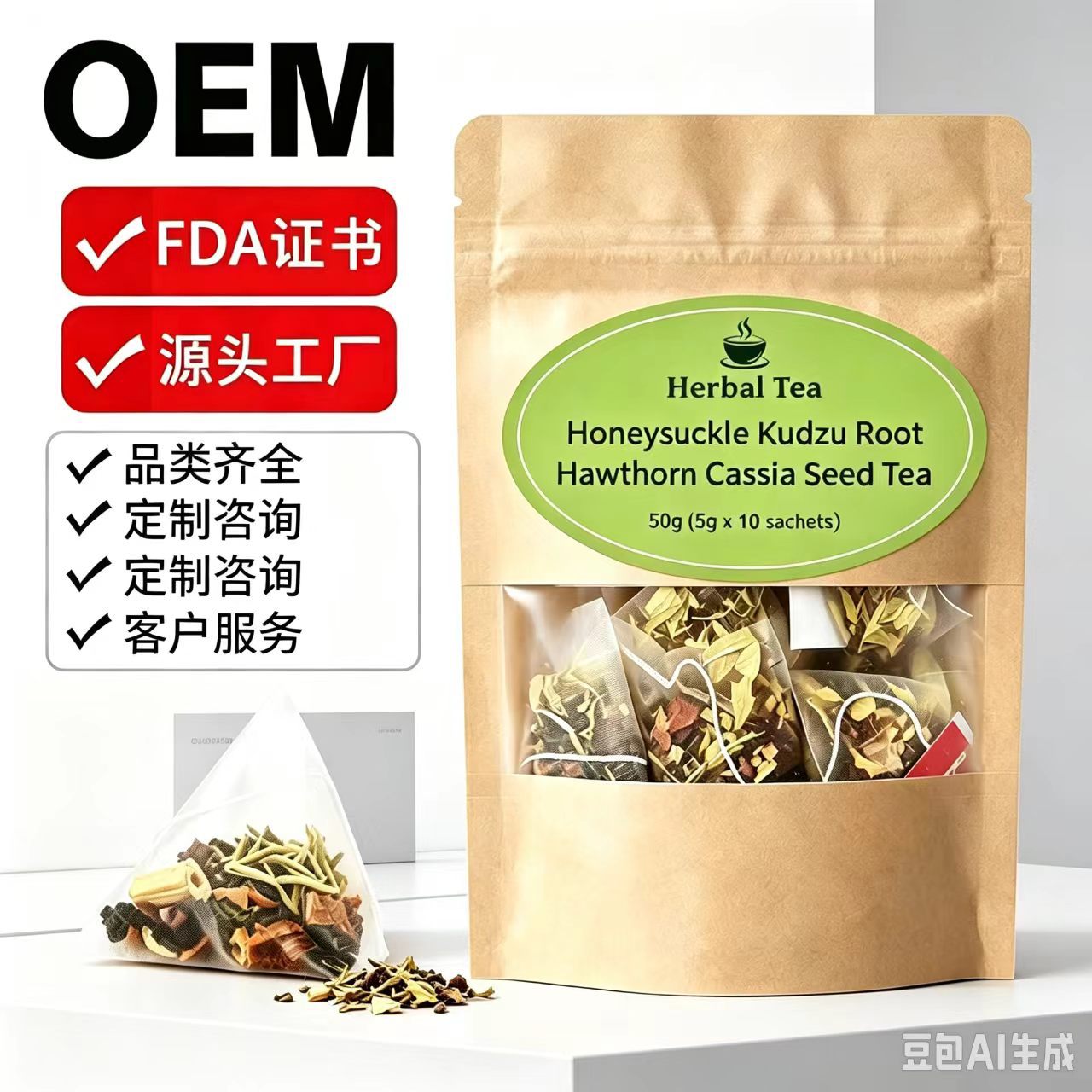 Honeysuckle Kudzu Hawthorn Tea Bags Jin Yin Hua Ge Gen Shan Zha Cold and Hot Brew Herbal Wellness Tea 50g 10 Bags specifications