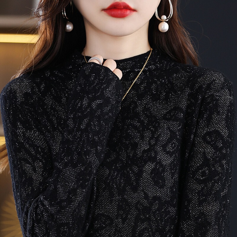 Lace Hollow-out Half-turtleneck Wool Sweater Women's Pullover Fashion All-match Mesh Sweater Knitted Base Shirt Trendy Lace Hollow-out Half-turtleneck Wool Sweater Women's Pullover Fashion All-match Mesh Sweater Knitted Base Shirt Trendy