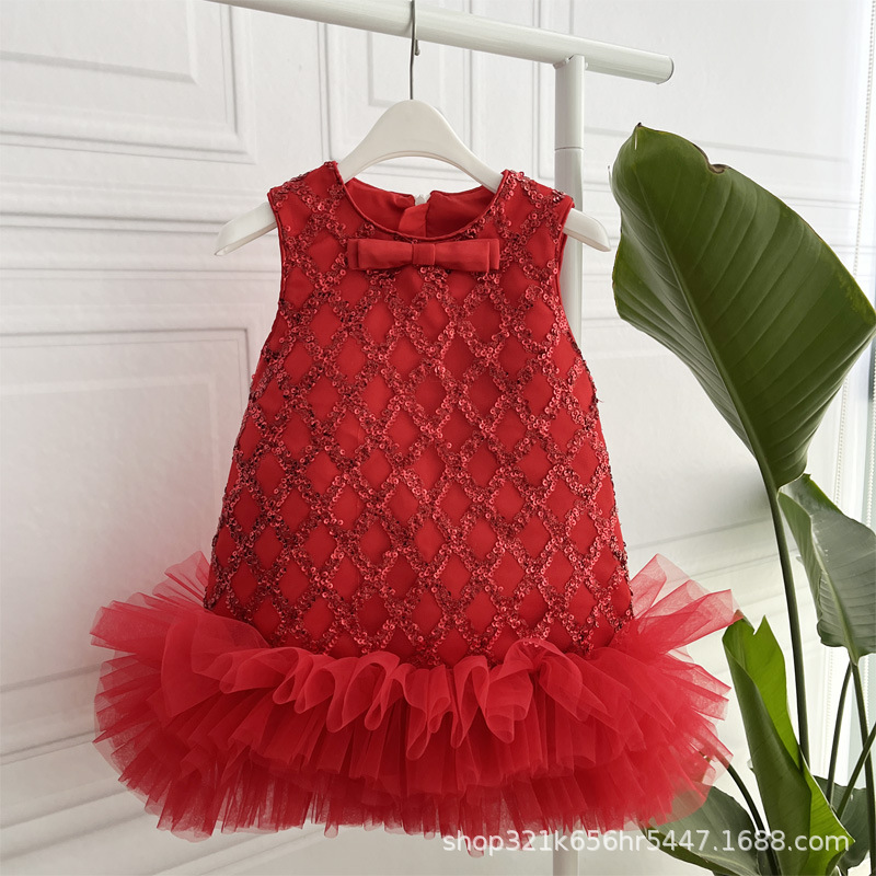 Vestido rojo navideño para niñas, vestido sin mangas, vestido de lentejuelas para niñas pequeñas, vestido de actuación, vestido de princesa, estilo princesa