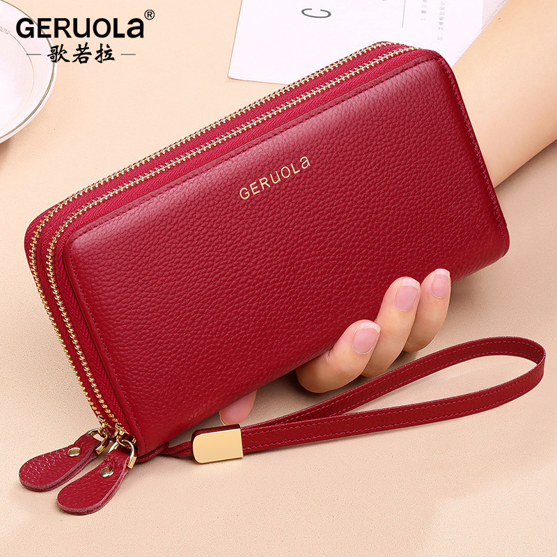 Cartera explosiva de comercio exterior para mujer, moda para mujer, cartera de piel de vaca de primera capa de gran capacidad, embrague de cuero con doble cremallera