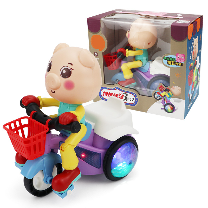 TikTok con música genial magnífico truco ligero giratorio pequeño Triciclo de cerdo lindo puesto de coche de juguete eléctrico para niños