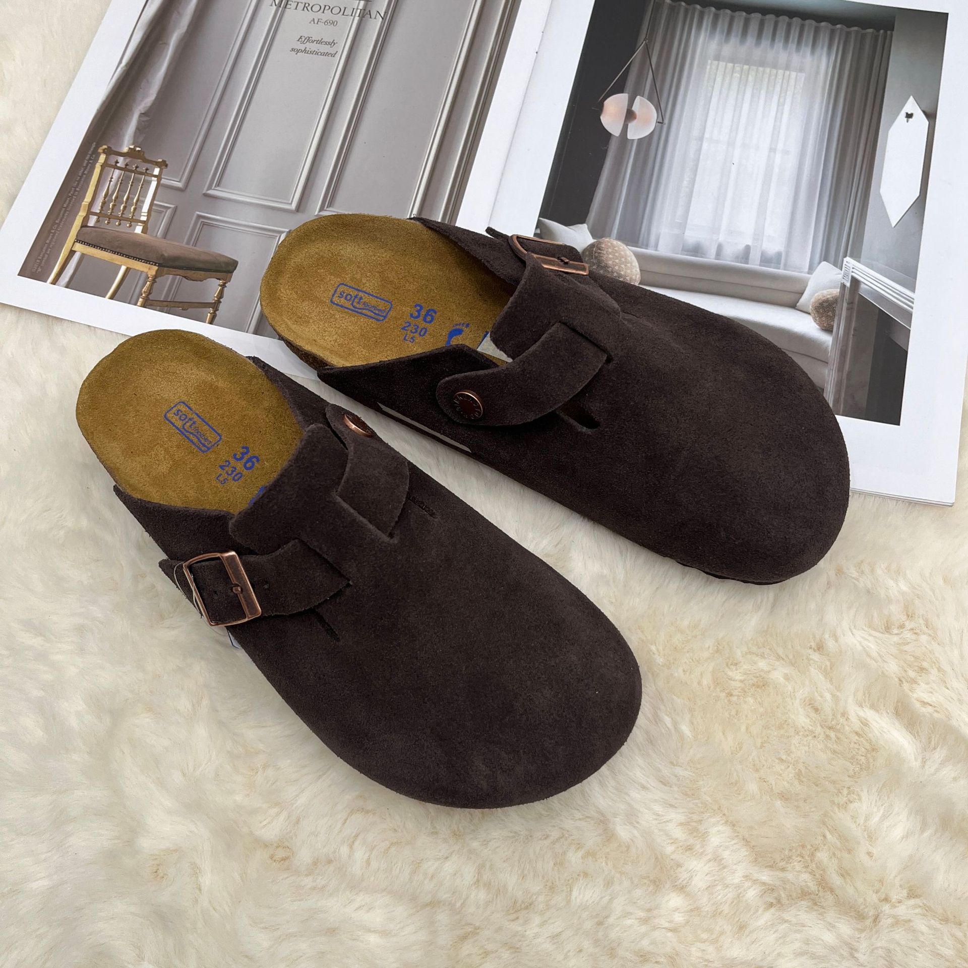 2026 model, top-layer cowhide Birkenstock-style shoes with cork height increase, genuine leather spring closed-toe slippers, unisex