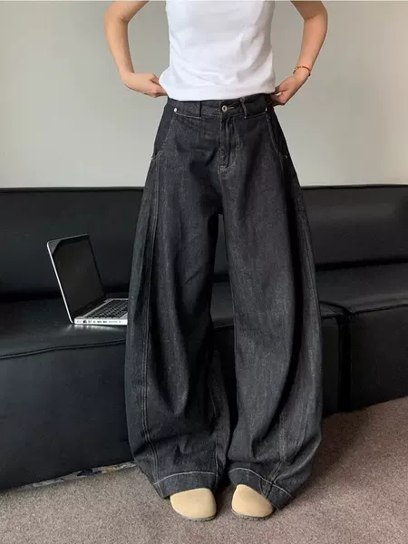 American Retro Design, Niche Style, Cool Street-Style Scimitar Jeans for Women, High-End Loose Wide-Leg Pants for Men