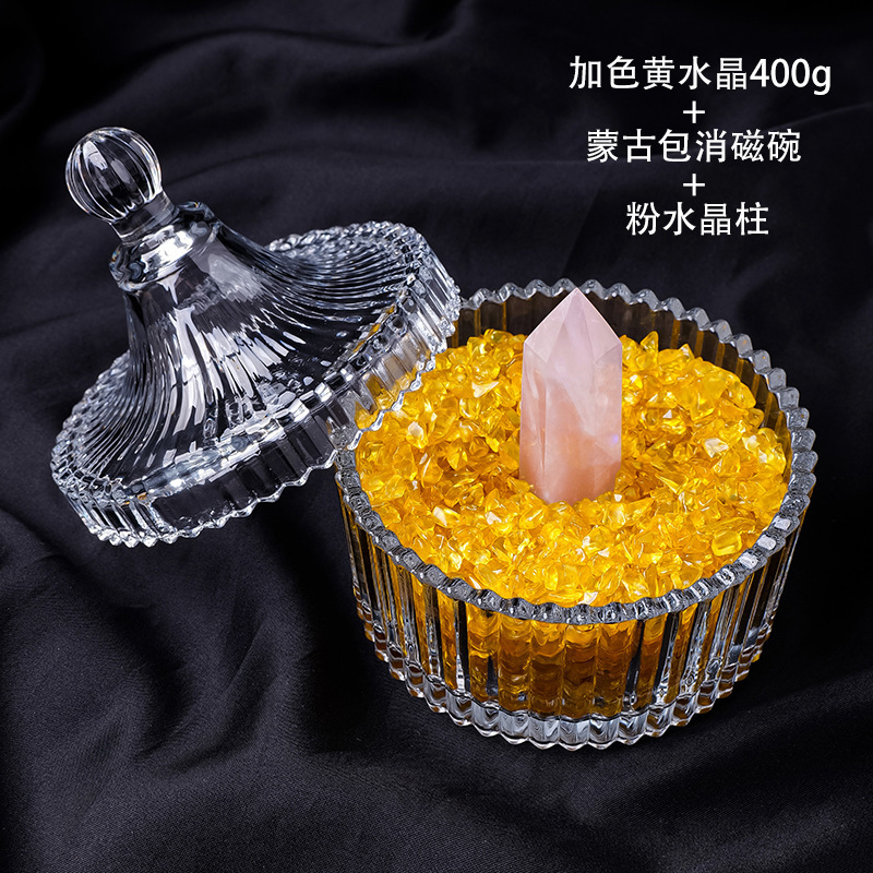 Bát khử từ 400G yurt màu vàng 4-5cm cột pha lê hồng