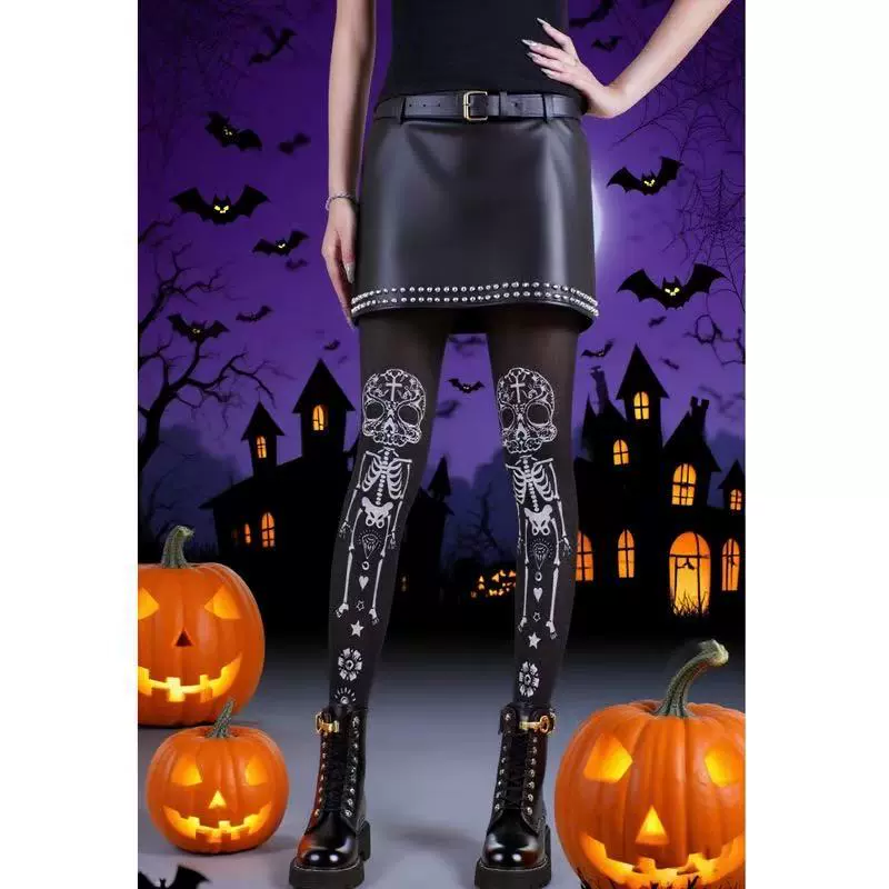 万圣节外贸专供连裤袜骨架鬼节必备骷髅印花丝袜角色扮演工厂直销