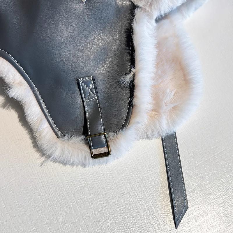 Pilot Hat Women's Warm Pu Leather Plush Ear Protection Skiing Cap_voghion.com