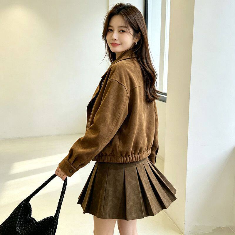 Áo khoác ngắn nữ da lộn dáng rộng khóa kéo, dài tay, cổ bẻ — Màu kaki, Màu nâu cà phê chi tiết 15
