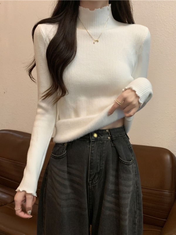 跨境木耳边半高领长袖打底针织衫上衣秋冬季加厚一体绒保暖毛衣女|undefined