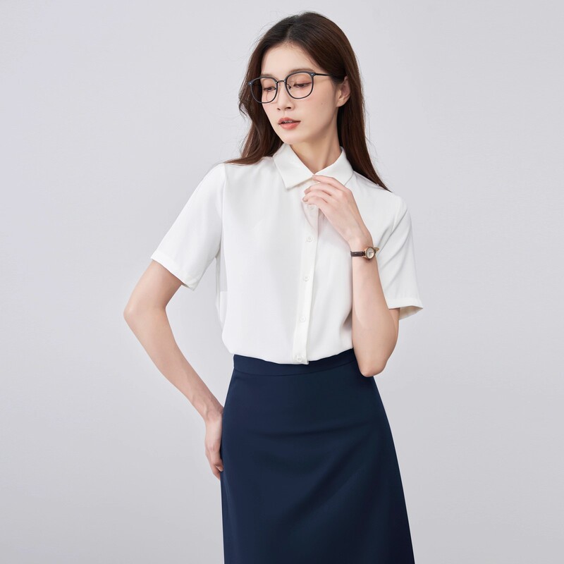 Real Shot of New White Summer Satin White Shirt, Classic Short-Sleeved Elegant Commuter Top, Work Shirt for Women