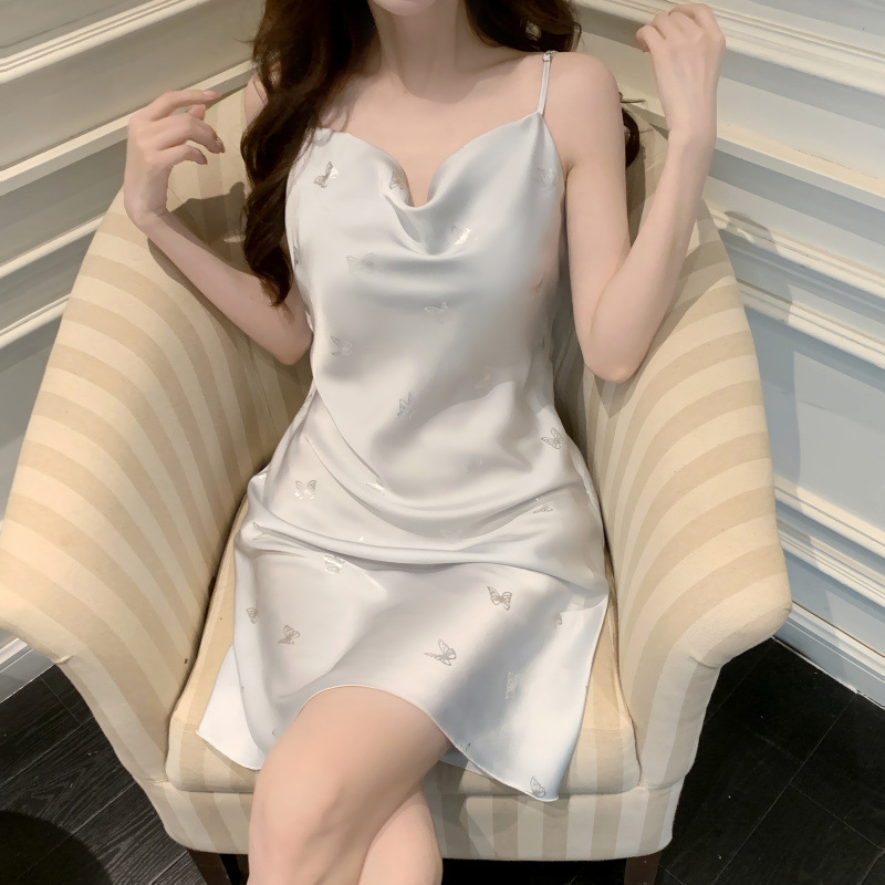 2024 verano plata caliente mariposa alta sensualidad hielo y nieve jacquard delgado collar swing vestido de pijama de mujer pura