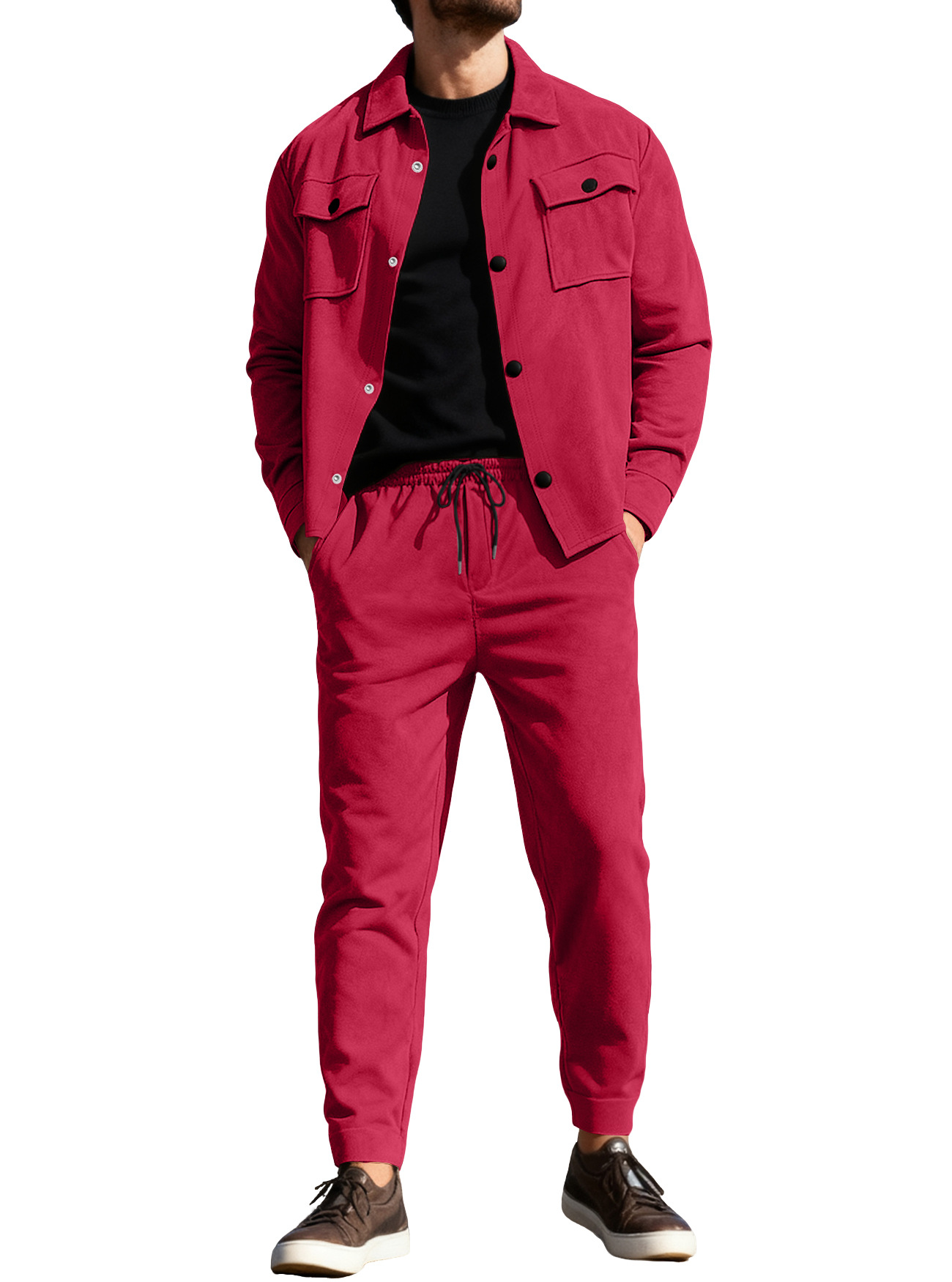 Nuevo transfronterizo Europa y América Amazon TK estilo americano pesado chaqueta casual de hombre pantalones casuales de piel de seda de color sólido conjunto