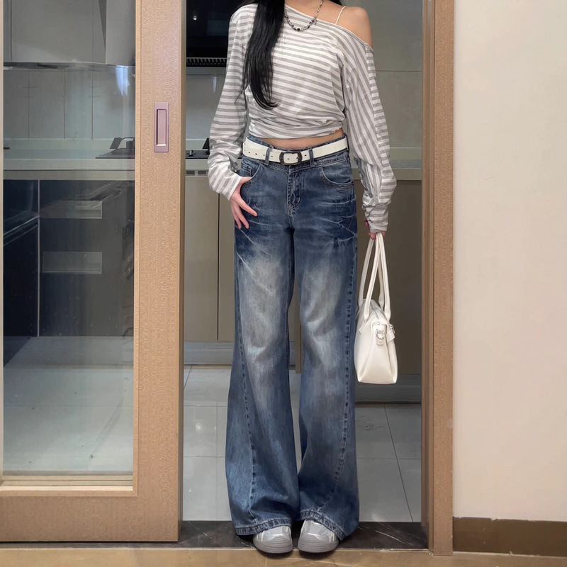 Vintage Washed Scratched Slimming High-Waisted Wide-Leg Jeans for Women, New Loose Straight-Leg Floor-Length Pants for Fall 2025 Vintage Washed Scratched Slimming High-Waisted Wide-Leg Jeans for Women, New Loose Straight-Leg Floor-Length Pants for Fall 2025