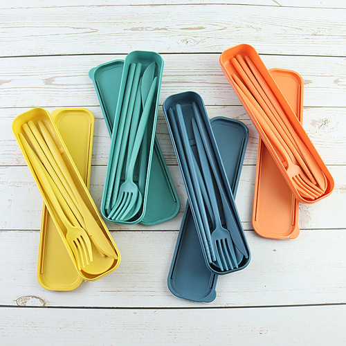 Student Travel Wheat Knife Fork Spoon Chopsticks Set Four-Piece Pure Heart Tableware Outdoor Portable Creative Wheat Straw Tableware