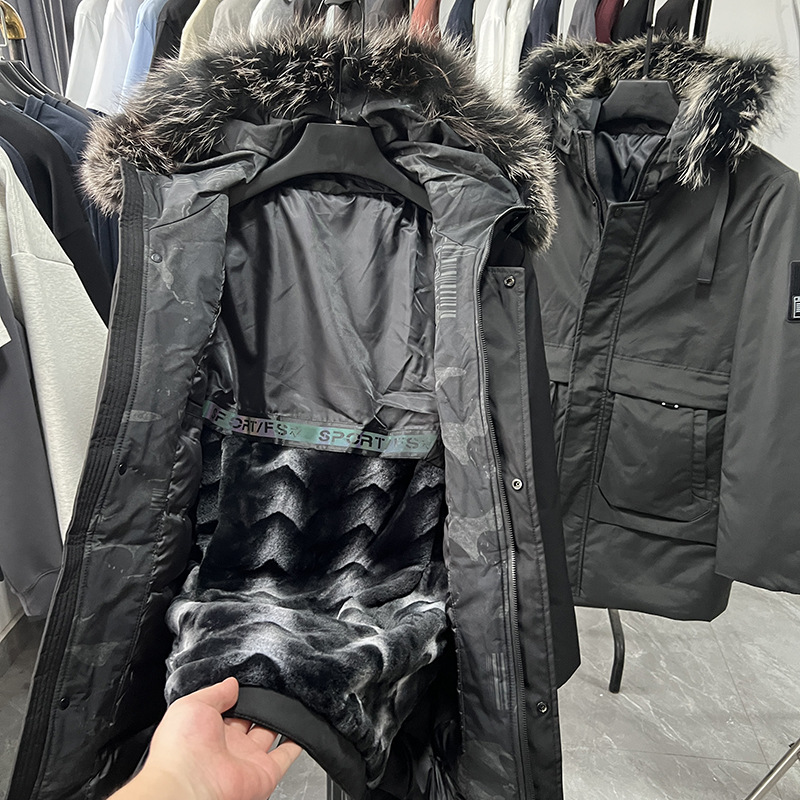 Home Sale! Raccoon Fur Collar + White Duck down Mid-Length Hooded Parka Brand Clearance down Jacket Men's Clothing